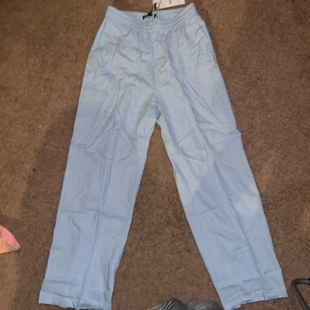 Linen blend pastel blue drawstring trousers from Zara Dubai!